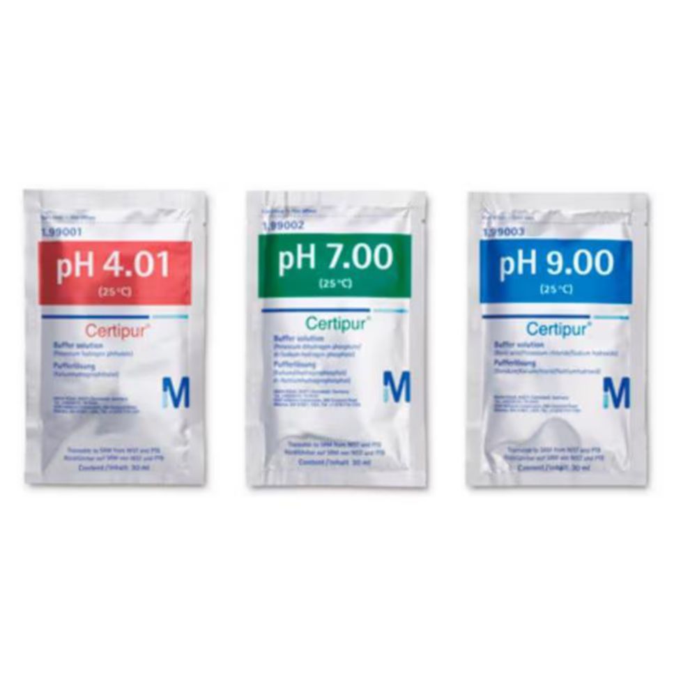 Bufferoplossing pH 4,01/7,00/9,00 +/- 0,03 bij 25°C, Set, Foliezakjes 3x10 stuks a 30ml, kleurloos